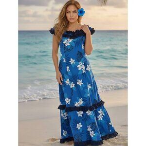 NWT Vintage Hoku Hawaii Muumuu Dress Blue Plumeria Floral Ruffle Maxi MEDIUM